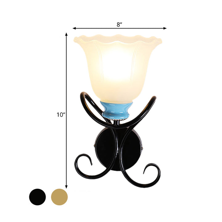 Skørter | 1 Light Frosted Glass Wall Lighting Rustic Black/Gold Expanding Hall Lamp with Twisted Arm
