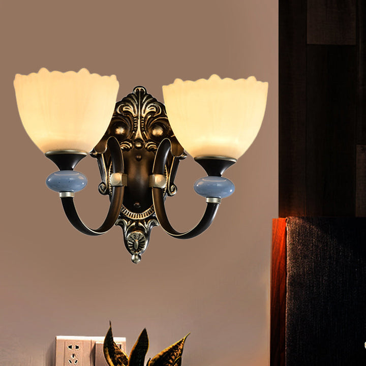 Skørter | 1/2-Head Wall Light Country House Hall Wall Lighting with Bowls made of Frosted Glass in Black