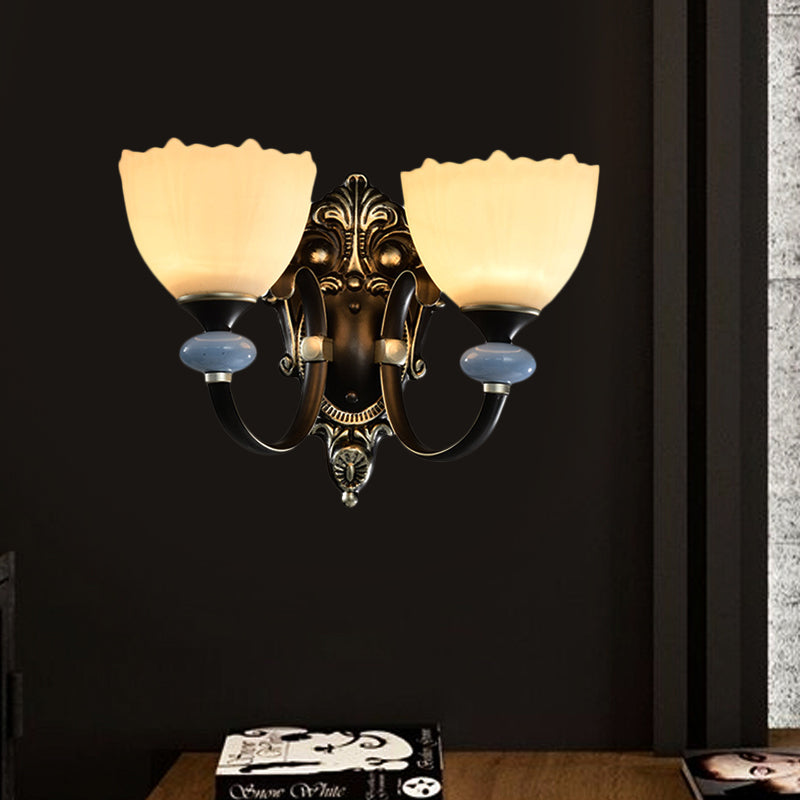 Skørter | 1/2-Head Wall Light Country House Hall Wall Lighting with Bowls made of Frosted Glass in Black
