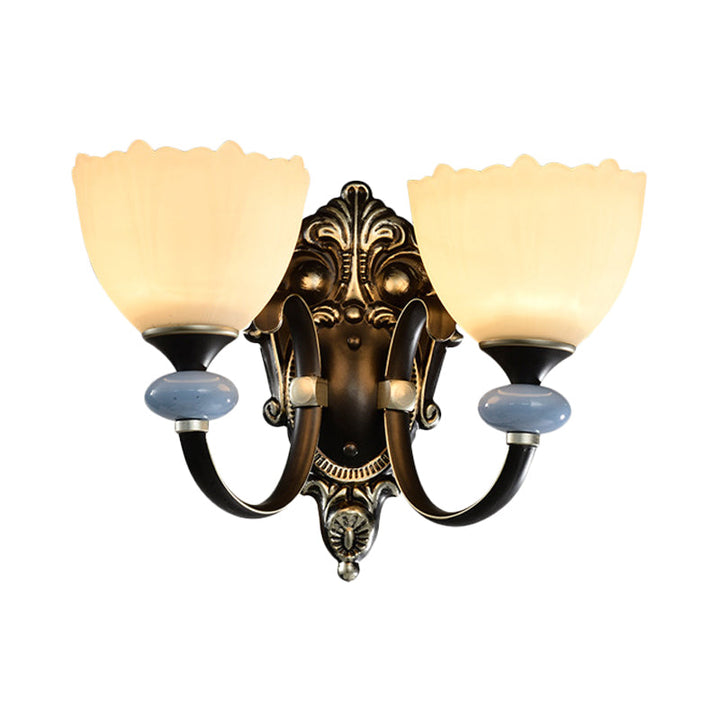 Skørter | 1/2-Head Wall Light Country House Hall Wall Lighting with Bowls made of Frosted Glass in Black