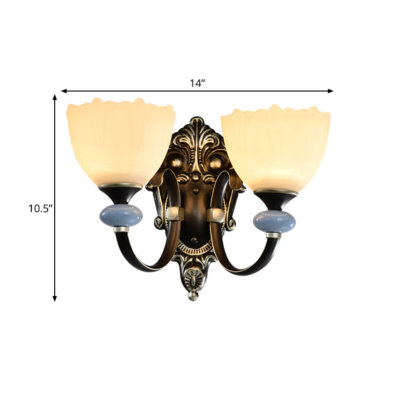 Skørter | 1/2-Head Wall Light Country House Hall Wall Lighting with Bowls made of Frosted Glass in Black