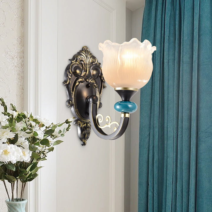 Skørter | Clear ribbed glass black wall light flower 1/2 bulbs country house wall-mounted lamp with curved arm