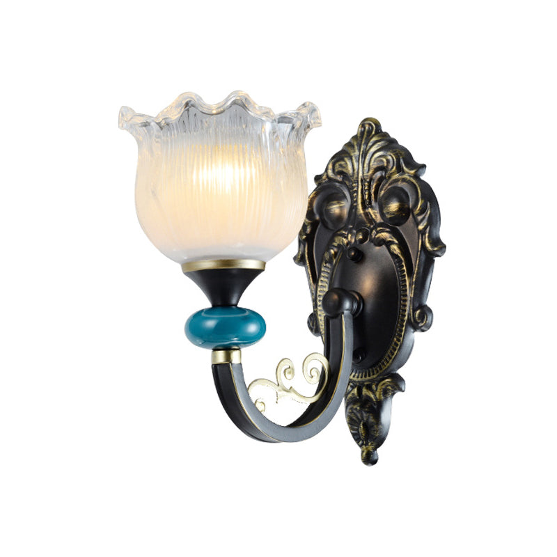 Skørter | Clear ribbed glass black wall light flower 1/2 bulbs country house wall-mounted lamp with curved arm