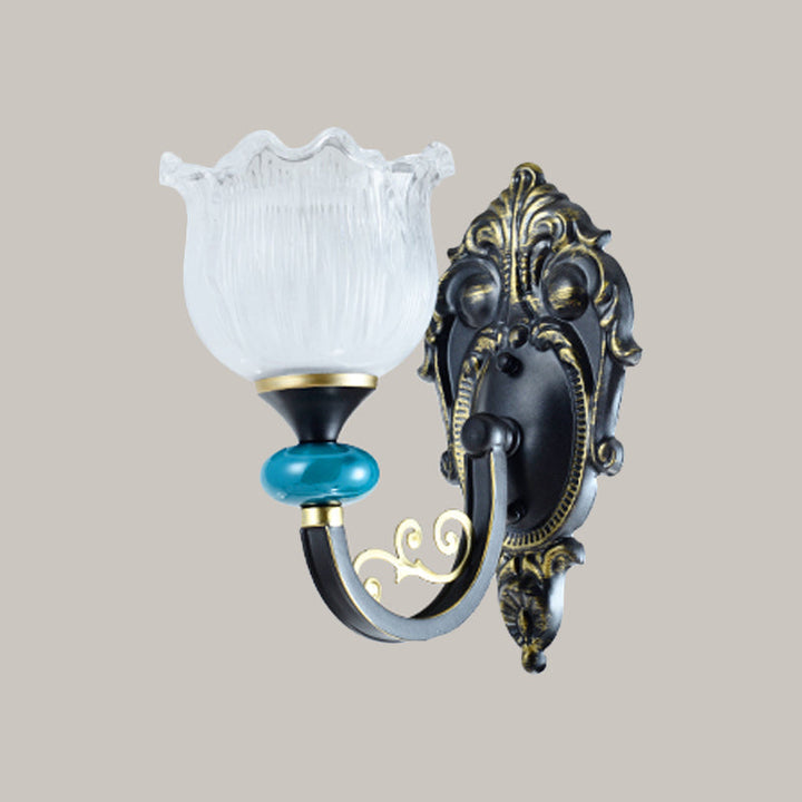 Skørter | Clear ribbed glass black wall light flower 1/2 bulbs country house wall-mounted lamp with curved arm