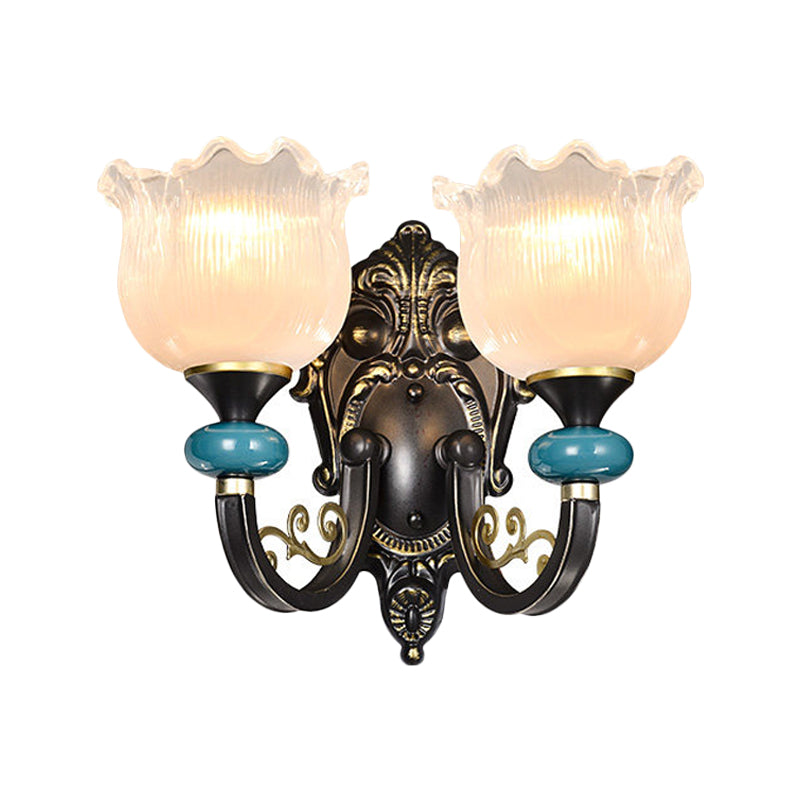 Skørter | Clear ribbed glass black wall light flower 1/2 bulbs country house wall-mounted lamp with curved arm