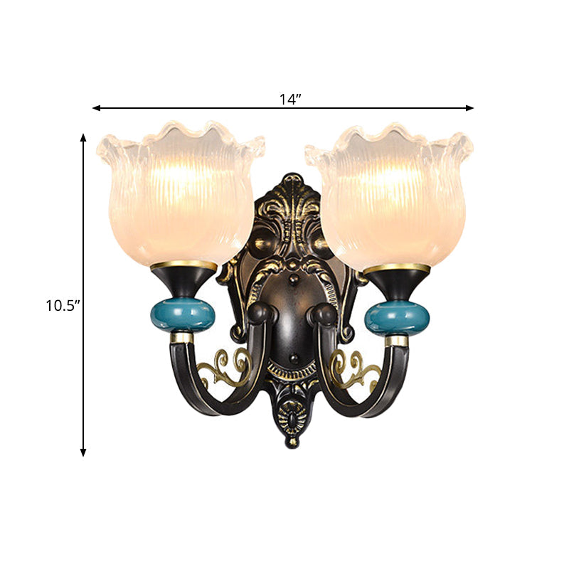 Skørter | Clear ribbed glass black wall light flower 1/2 bulbs country house wall-mounted lamp with curved arm