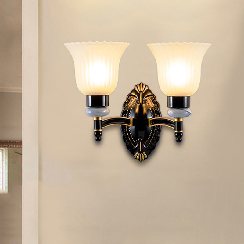 Skørter | Country Bell Wall Mounted Light Fixture 1/2-Light Frosted Glass Wall Lamp in Black