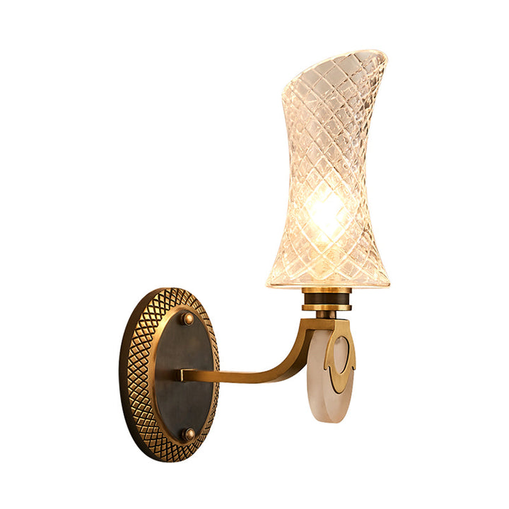 Skørter | 1/2-Light Arch Wall Light Traditional Brass Finish Clear Grid Glass Wall Mounted Lamp