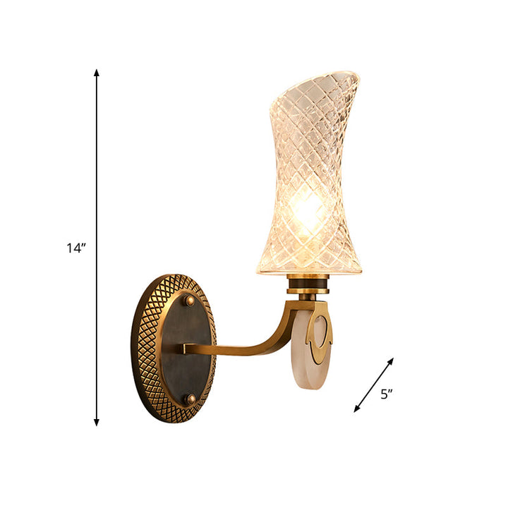 Skørter | 1/2-Light Arch Wall Light Traditional Brass Finish Clear Grid Glass Wall Mounted Lamp