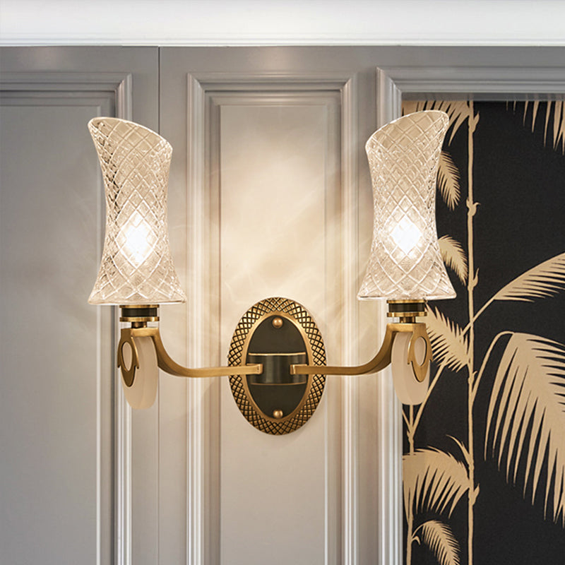 Skørter | 1/2-Light Arch Wall Light Traditional Brass Finish Clear Grid Glass Wall Mounted Lamp