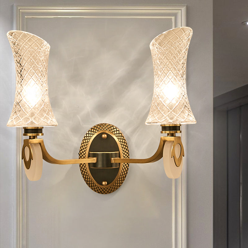 Skørter | 1/2-Light Arch Wall Light Traditional Brass Finish Clear Grid Glass Wall Mounted Lamp