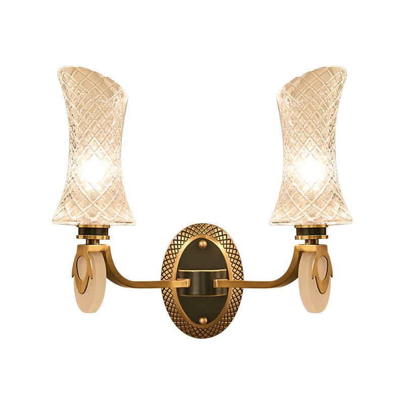 Skørter | 1/2-Light Arch Wall Light Traditional Brass Finish Clear Grid Glass Wall Mounted Lamp