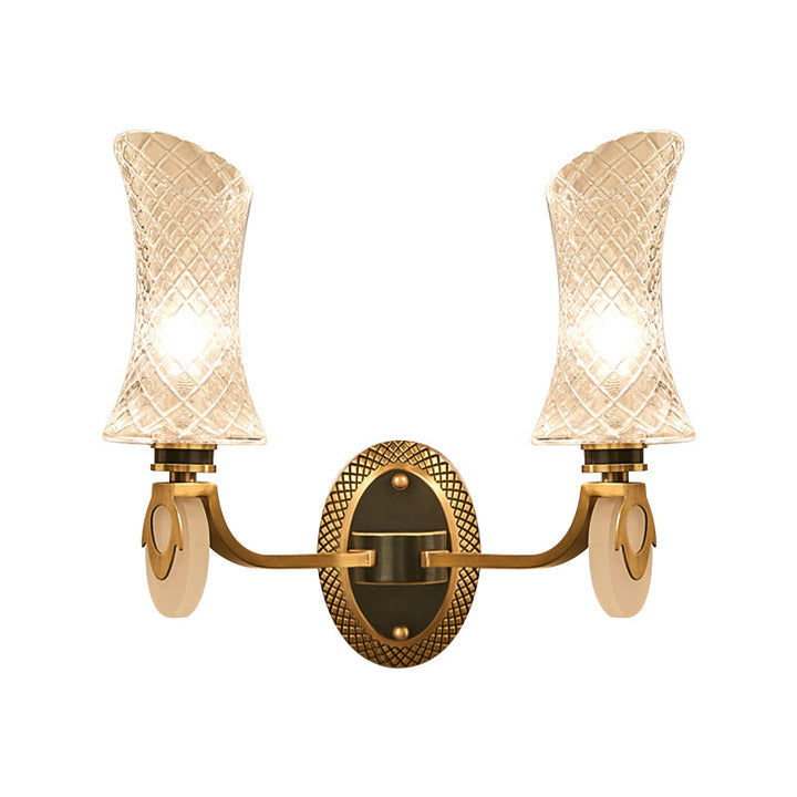Skørter | 1/2-Light Arch Wall Light Traditional Brass Finish Clear Grid Glass Wall Mounted Lamp