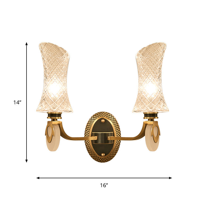 Skørter | 1/2-Light Arch Wall Light Traditional Brass Finish Clear Grid Glass Wall Mounted Lamp