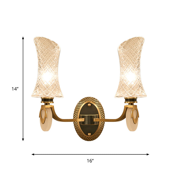 Skørter | 1/2-Light Arch Wall Light Traditional Brass Finish Clear Grid Glass Wall Mounted Lamp