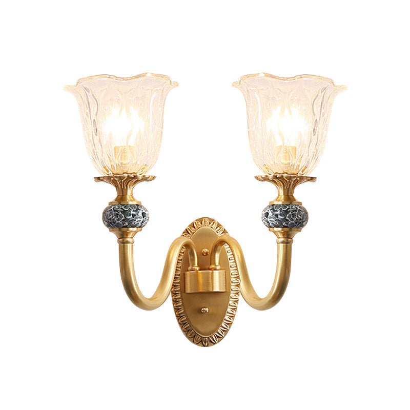 Skørter | Post Modern Flower Wall Lamp Lighting 1/2-Cup Clear Glass Wall Lamp Fixture in Brass