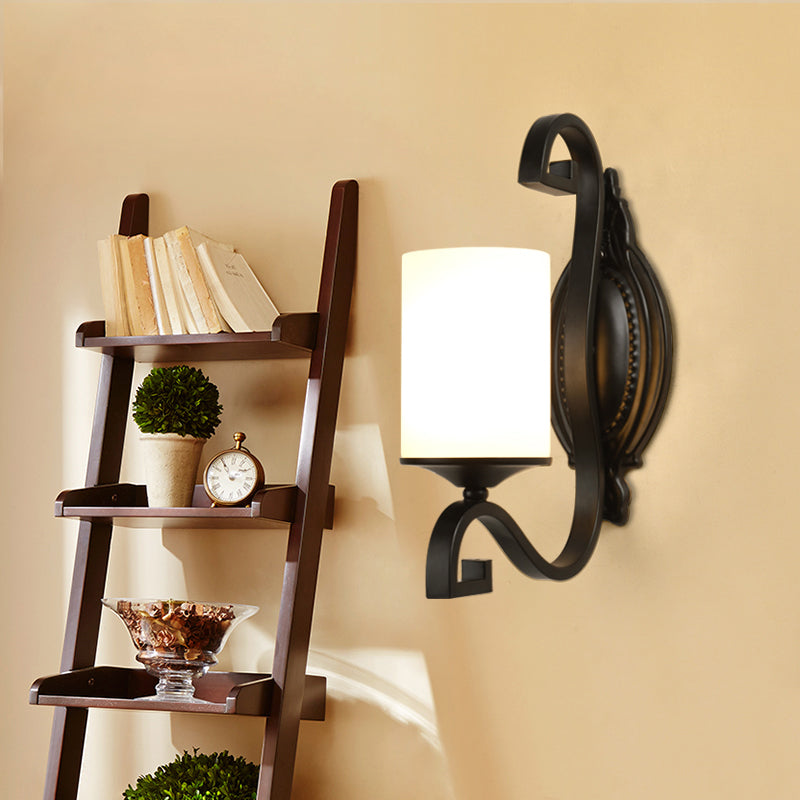 Skørter | Cylinder Indoor Wall Light Lighting Farmhouse White Glass 1-Head Black Finish Wall Light