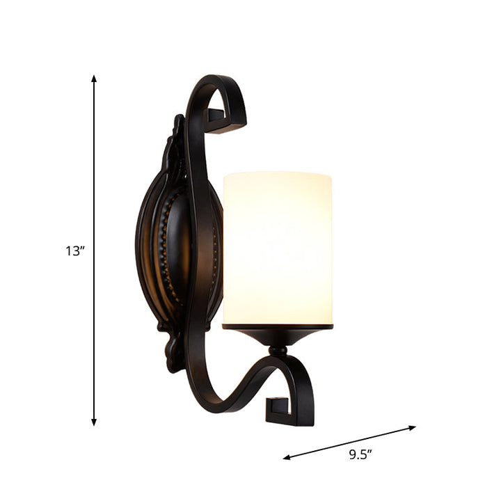 Skørter | Cylinder Indoor Wall Light Lighting Farmhouse White Glass 1-Head Black Finish Wall Light