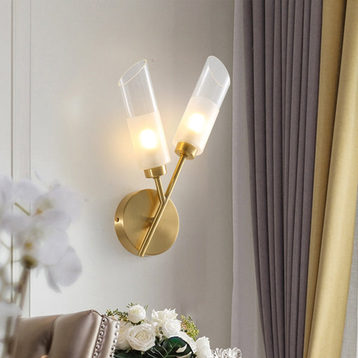 Skørter | 2 Bulb Tube Wall Mounted Lamp Traditional Brass Finish Clear Glass Wall Light for Interiors