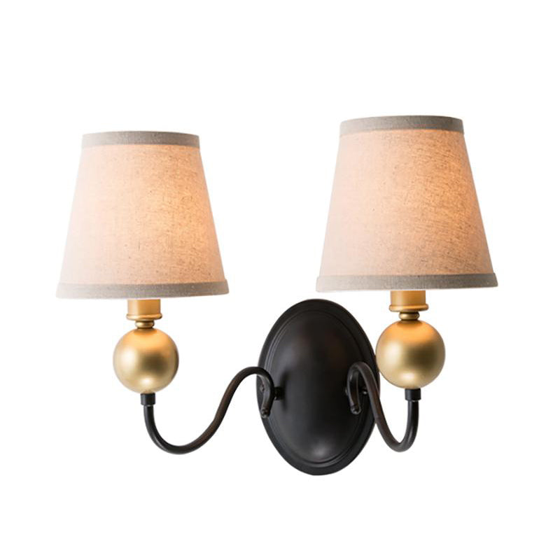 Skørter | Tapered Fabric Wall Sconces Light Country 1/2-Bulb Bedroom Wall Mounting Lighting in White/Beige with Curved Arm