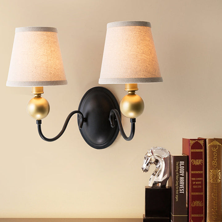 Skørter | Tapered Fabric Wall Sconces Light Country 1/2-Bulb Bedroom Wall Mounting Lighting in White/Beige with Curved Arm