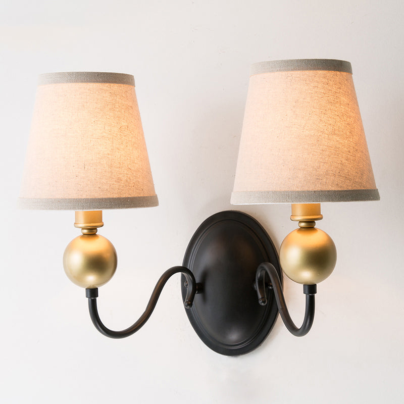 Skørter | Tapered Fabric Wall Sconces Light Country 1/2-Bulb Bedroom Wall Mounting Lighting in White/Beige with Curved Arm
