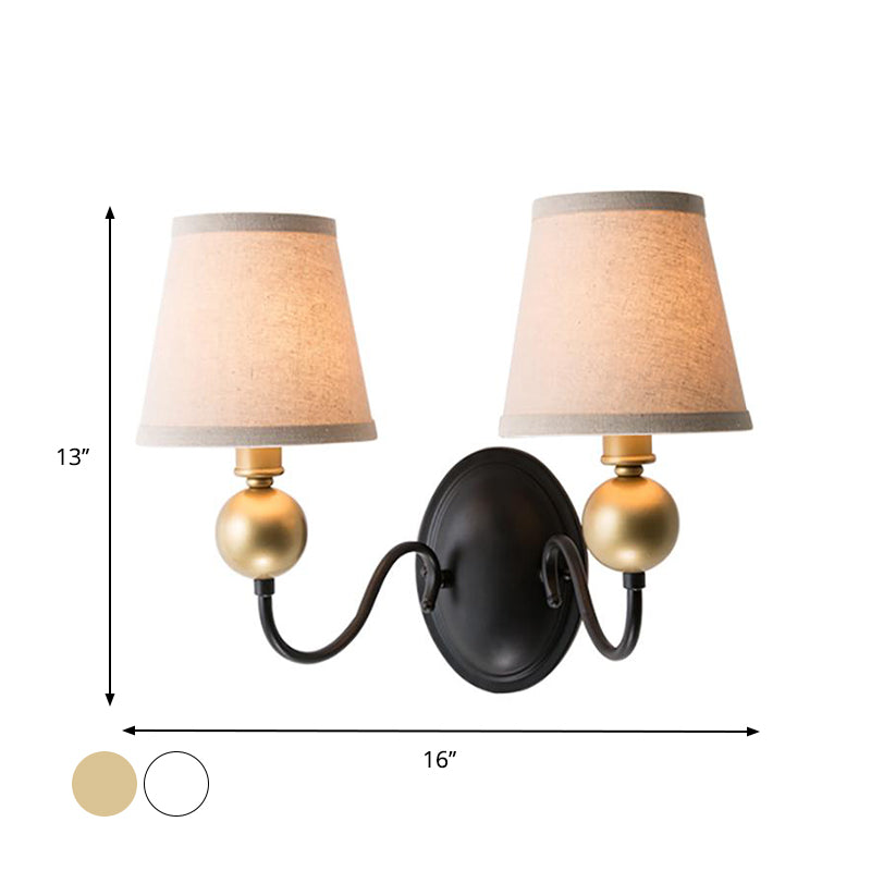 Skørter | Tapered Fabric Wall Sconces Light Country 1/2-Bulb Bedroom Wall Mounting Lighting in White/Beige with Curved Arm