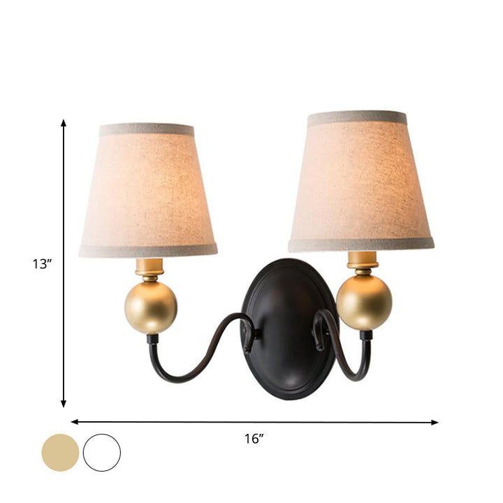 Skørter | Tapered Fabric Wall Sconces Light Country 1/2-Bulb Bedroom Wall Mounting Lighting in White/Beige with Curved Arm