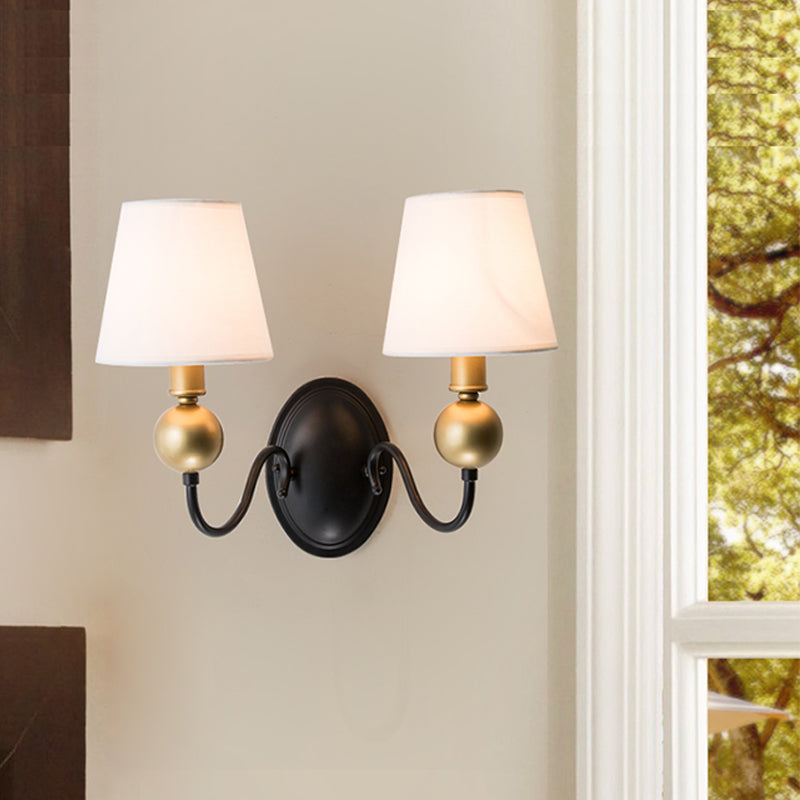 Skørter | Tapered Fabric Wall Sconces Light Country 1/2-Bulb Bedroom Wall Mounting Lighting in White/Beige with Curved Arm