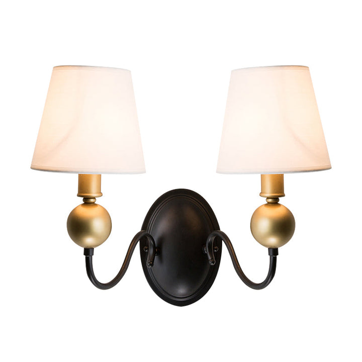 Skørter | Tapered Fabric Wall Sconces Light Country 1/2-Bulb Bedroom Wall Mounting Lighting in White/Beige with Curved Arm