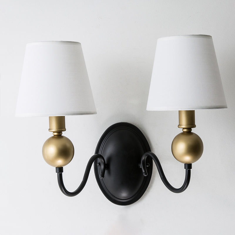 Skørter | Tapered Fabric Wall Sconces Light Country 1/2-Bulb Bedroom Wall Mounting Lighting in White/Beige with Curved Arm
