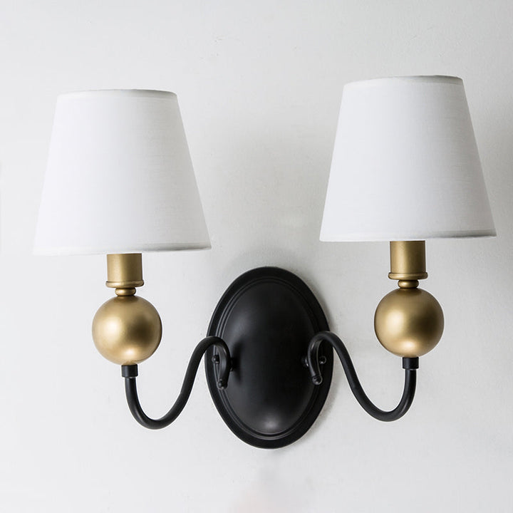 Skørter | Tapered Fabric Wall Sconces Light Country 1/2-Bulb Bedroom Wall Mounting Lighting in White/Beige with Curved Arm