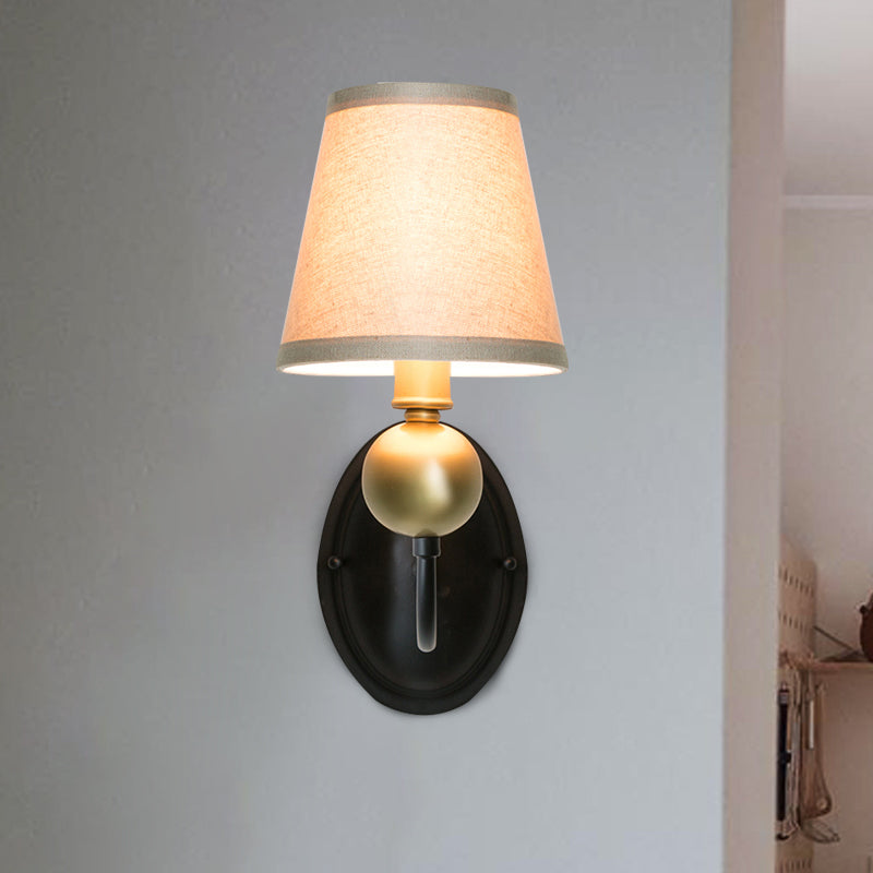 Skørter | Tapered Fabric Wall Sconces Light Country 1/2-Bulb Bedroom Wall Mounting Lighting in White/Beige with Curved Arm