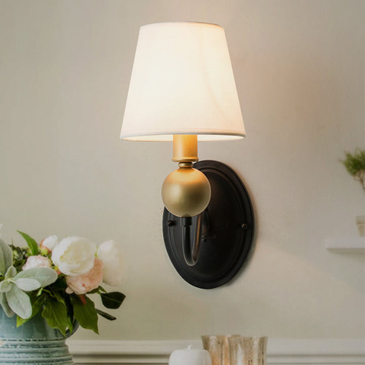 Skørter | Tapered Fabric Wall Sconces Light Country 1/2-Bulb Bedroom Wall Mounting Lighting in White/Beige with Curved Arm
