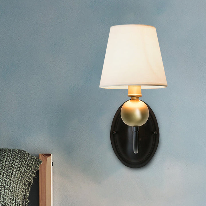 Skørter | Tapered Fabric Wall Sconces Light Country 1/2-Bulb Bedroom Wall Mounting Lighting in White/Beige with Curved Arm