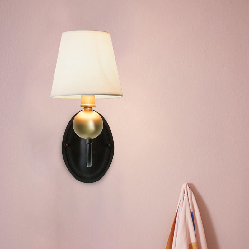 Skørter | Tapered Fabric Wall Sconces Light Country 1/2-Bulb Bedroom Wall Mounting Lighting in White/Beige with Curved Arm