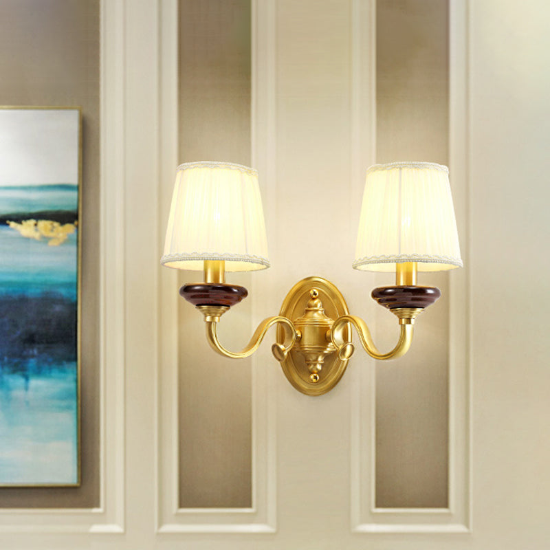 Skørter | 1/2-Pear Fabric Wall Mounted Lamp Traditional Brass Finish Tapered Wall Light Wall Sconce for Dining Room