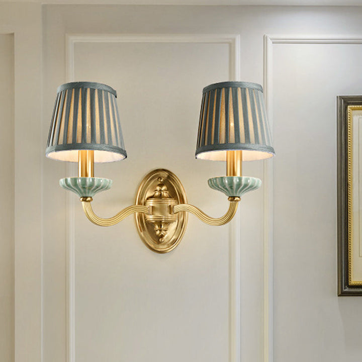 Skørter | Fabric Brass Wall Lamp Fixture Folded Lampshade 1/2-Light Rustic Wall Lantern for Dining Room