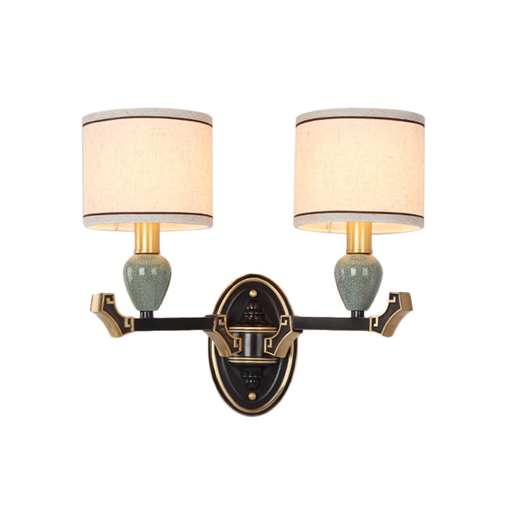 Skørter | 1/2-Pear Wall Mounted Lamp Traditional Drum Fabric Wall Sconces Lighting in Black for Bedroom