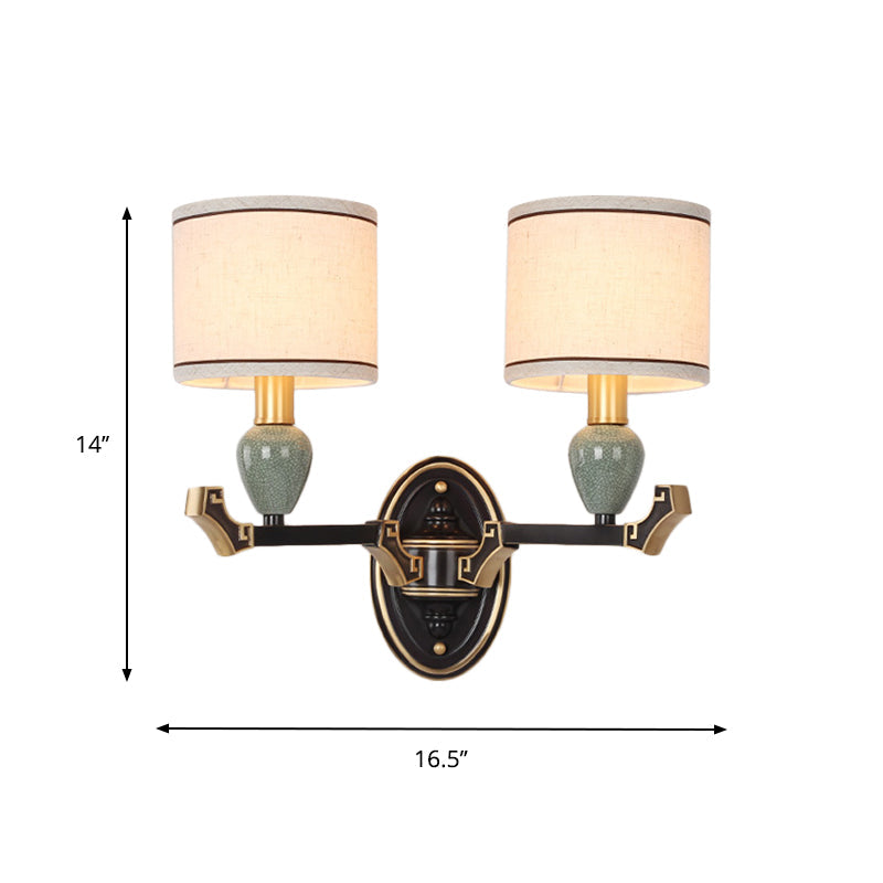 Skørter | 1/2-Pear Wall Mounted Lamp Traditional Drum Fabric Wall Sconces Lighting in Black for Bedroom