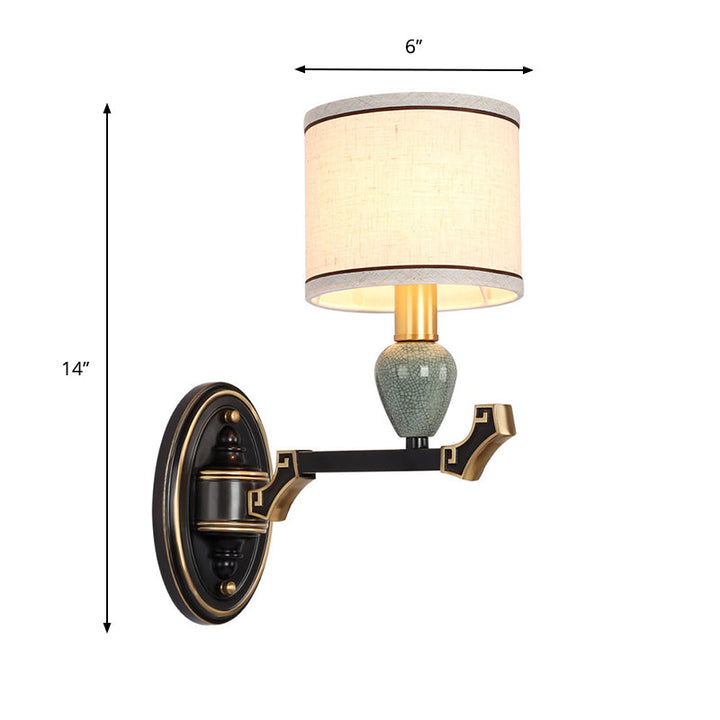 Skørter | 1/2-Pear Wall Mounted Lamp Traditional Drum Fabric Wall Sconces Lighting in Black for Bedroom