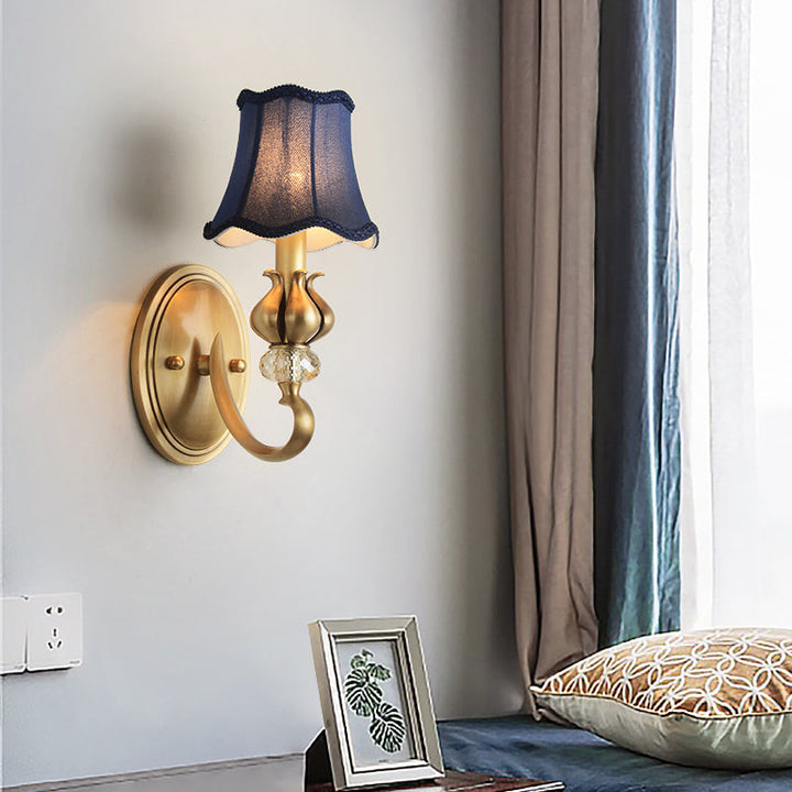 Skørter | Ribbed Bedroom Wall Lighting Country Fabric 1 Light Brass Wall Lamp with Crystal Accent