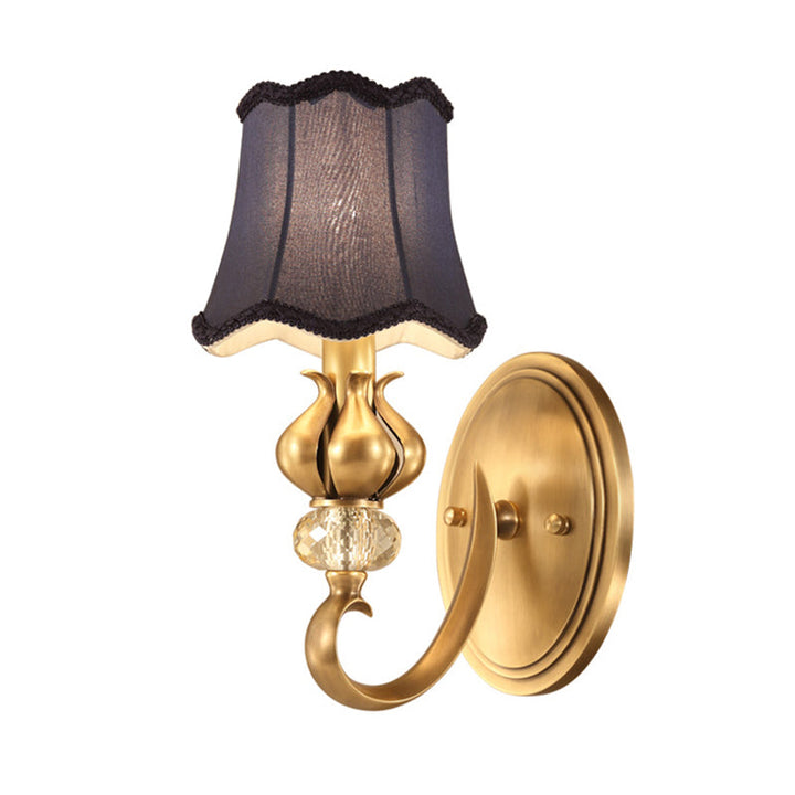 Skørter | Ribbed Bedroom Wall Lighting Country Fabric 1 Light Brass Wall Lamp with Crystal Accent
