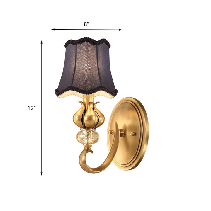 Skørter | Ribbed Bedroom Wall Lighting Country Fabric 1 Light Brass Wall Lamp with Crystal Accent