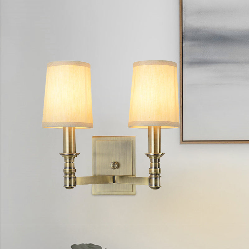 Skørter | 1/2-Light Wall Lamp Country Hall Wall Mounted Lamp with Cylinder Fabric Shade in Brass