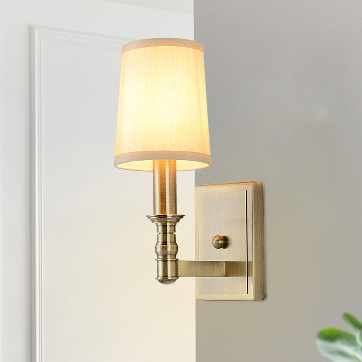 Skørter | 1/2-Light Wall Lamp Country Hall Wall Mounted Lamp with Cylinder Fabric Shade in Brass