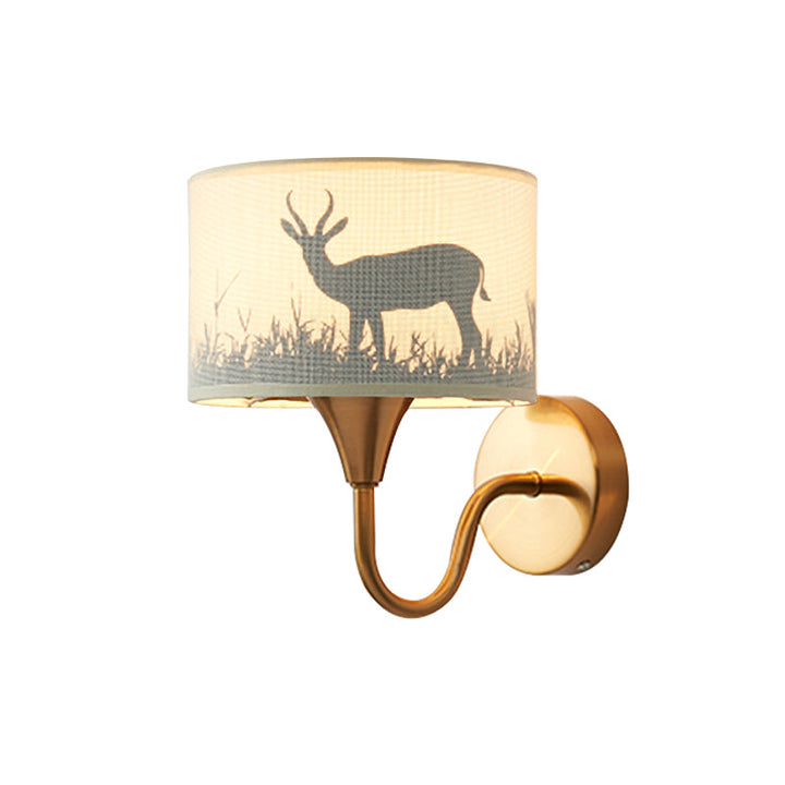 Skørter | Fabric Drum Wall Mount Lighting Classic 1 Light Bedroom Deer/Leaf Pattern Wall Lamp made of Brass with Swan Neck Arm