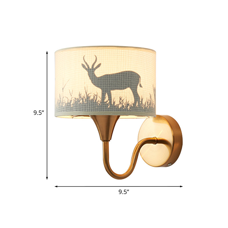Skørter | Fabric Drum Wall Mount Lighting Classic 1 Light Bedroom Deer/Leaf Pattern Wall Lamp made of Brass with Swan Neck Arm