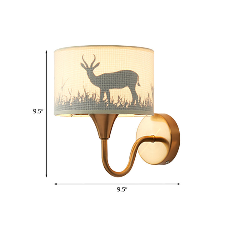 Skørter | Fabric Drum Wall Mount Lighting Classic 1 Light Bedroom Deer/Leaf Pattern Wall Lamp made of Brass with Swan Neck Arm