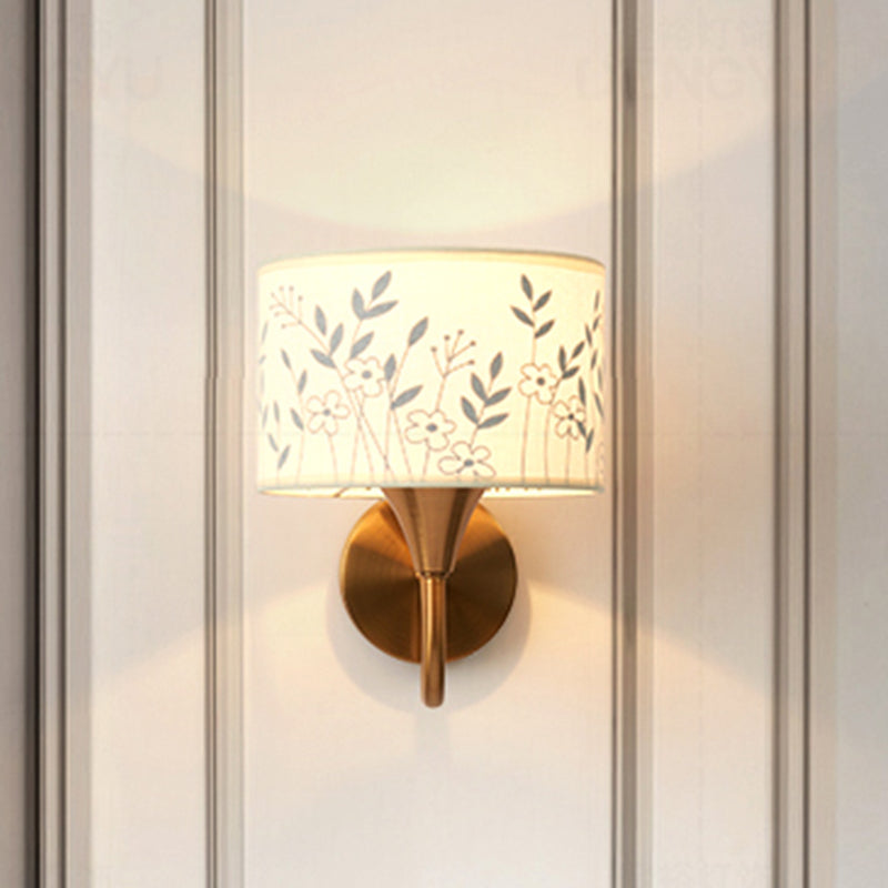 Skørter | Fabric Drum Wall Mount Lighting Classic 1 Light Bedroom Deer/Leaf Pattern Wall Lamp made of Brass with Swan Neck Arm